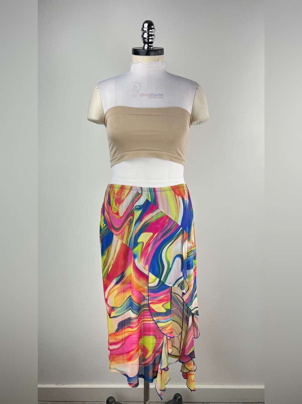 💚 3915. Multicolor Abstract Print Asymmetrical Mesh skirt